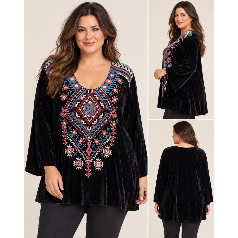 JWLA Johnny Was Tunic Black Velvet Embroidered Silk Blend Boho XL